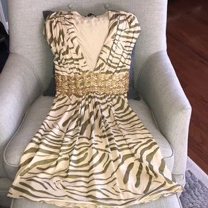 Sky Cream and Olive Zebra-Print Mini Dress with Gold Waist